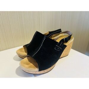 Clarks Harwich‎ Middy Sling Back Black Suede Cork Wedge Shoes Sandals Size 9M